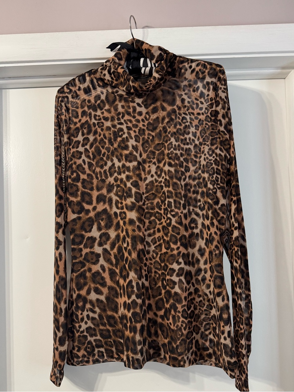 WHBM Women’s Leopard Print Sheer Long Sleeve Turtleneck Top